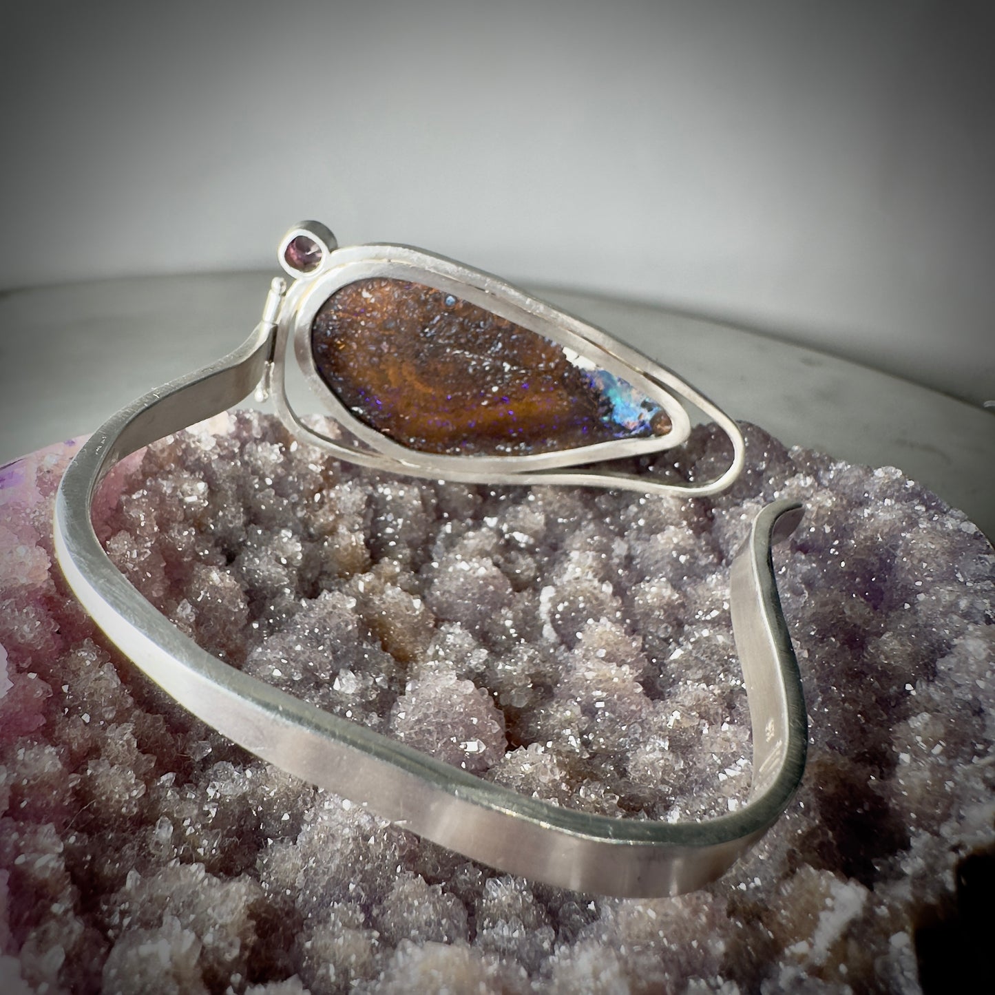 Boulder Opal and Purple Spinel Hinge Bracelet | Sterling Silver