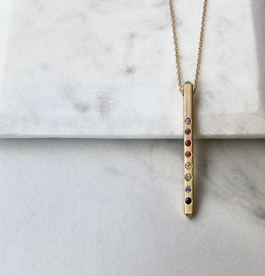 Rainbow Sapphire Bar Pendant in 14k Gold