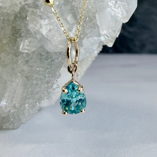 Blue Zircon Raindrop Mini Pendant | 14k Yellow Gold