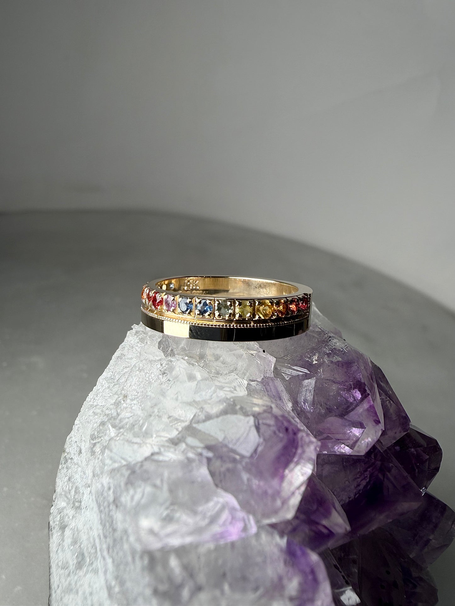 Rainbow Sapphire Flat Band Ring | 14k Yellow Gold