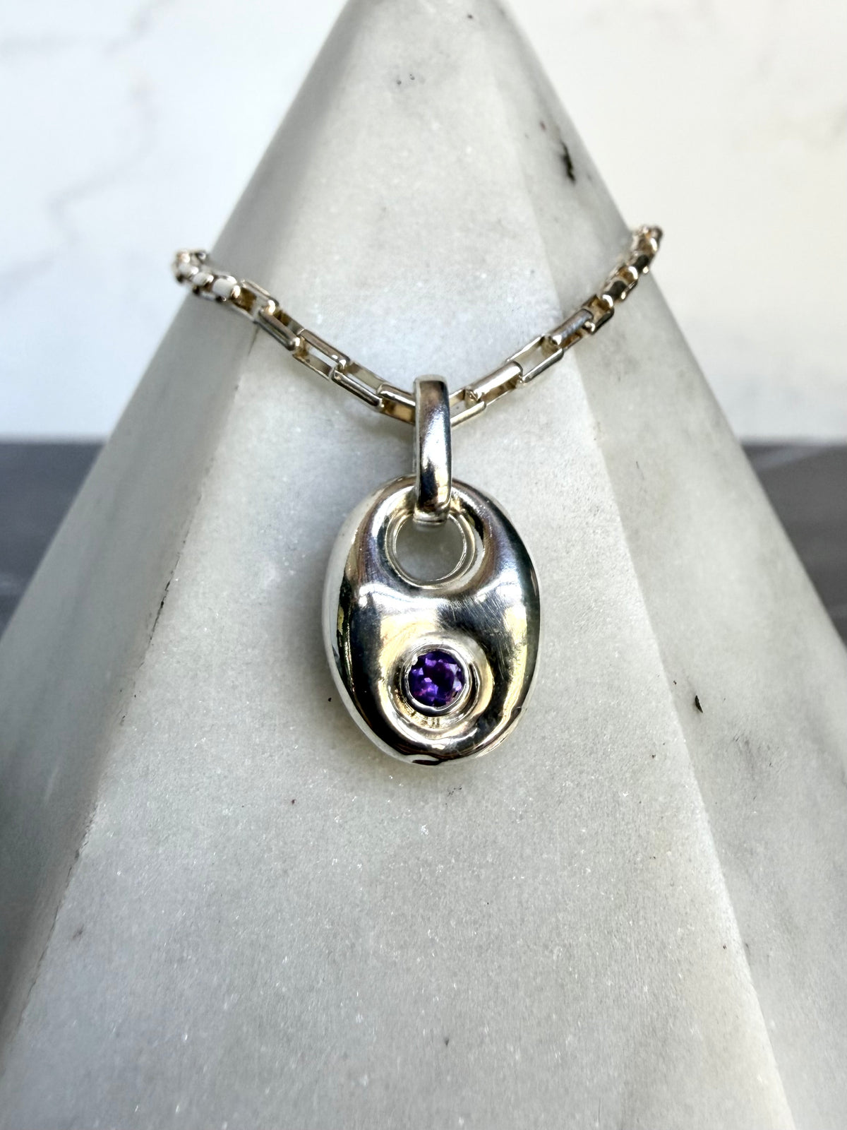 Puffed Anchor Gemstone Charm Pendant | Sterling Silver