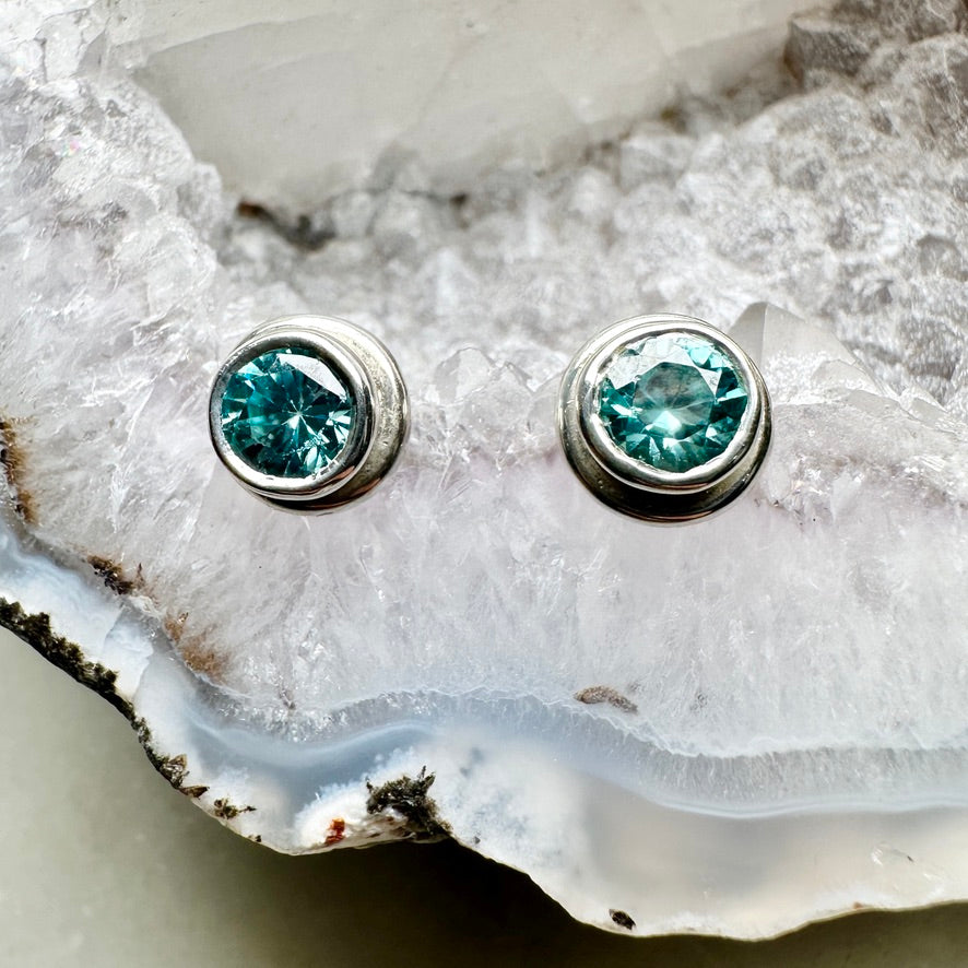 Bezel Set Blue Zircon Stud Earrings | Sterling Silver