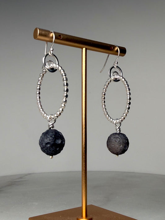 Lunar Obsidian Hoop Earrings | Sterling Silver