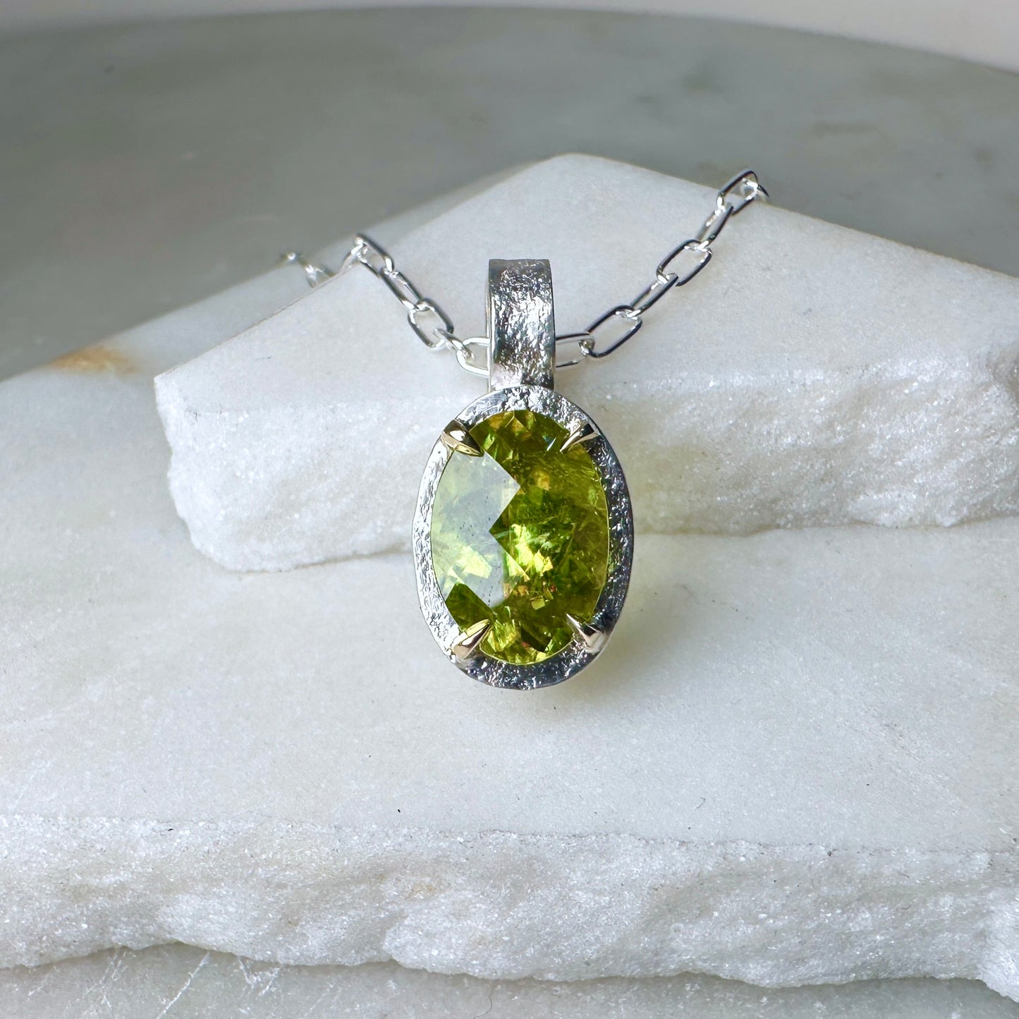 Chartreuse Sphene Granite Pendant | 14k Yellow Gold & Sterling Silver Mixed Metals