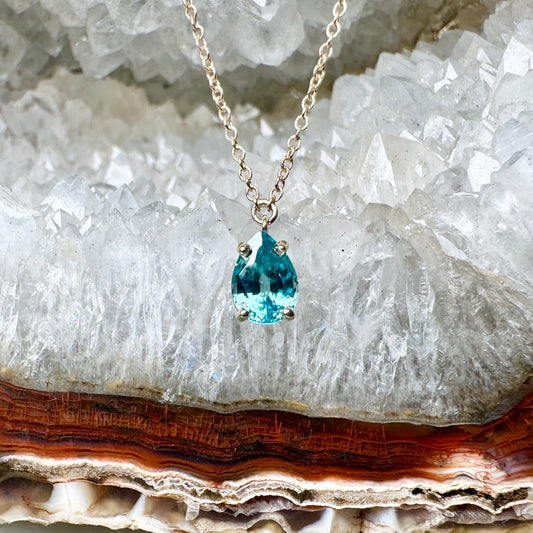 Blue Zircon Raindrop Necklace | 14k Yellow Gold