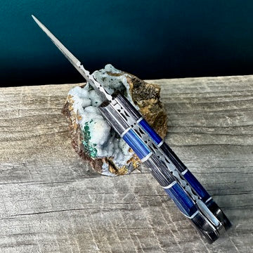 Damascus Steel Knife with Grey and Blue Wood Handle