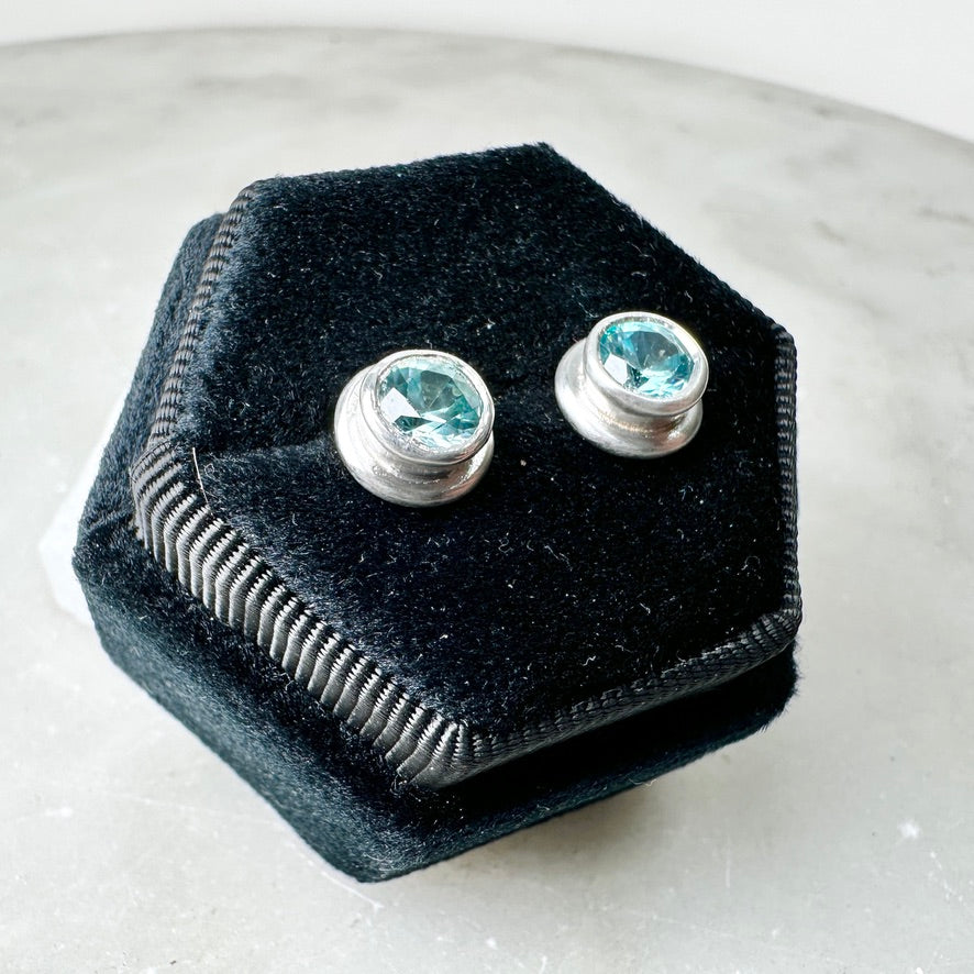 Bezel Set Blue Zircon Stud Earrings | Sterling Silver