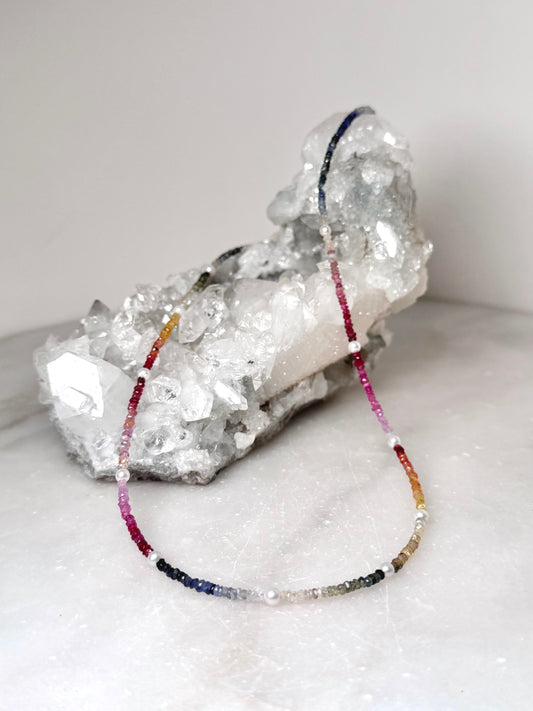 Rainbow Sapphire & Pearl Necklace | Sterling Silver