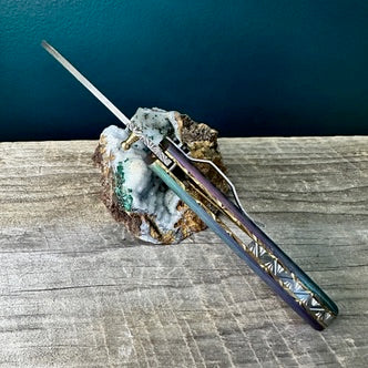 Full Damascus Steel Utility Knife with Anodized Rainbow Handle