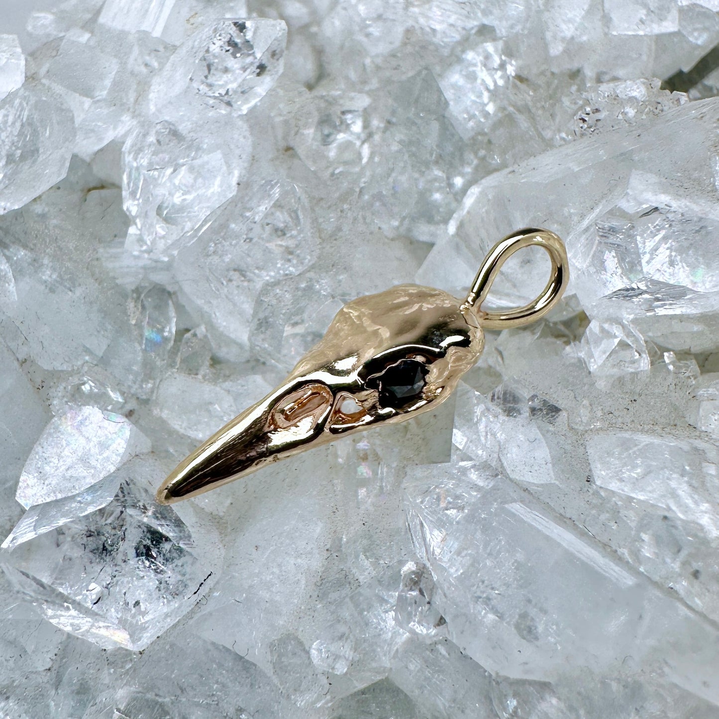 Raven Skull Pendant with Black Diamond Eyes | 14k Yellow Gold