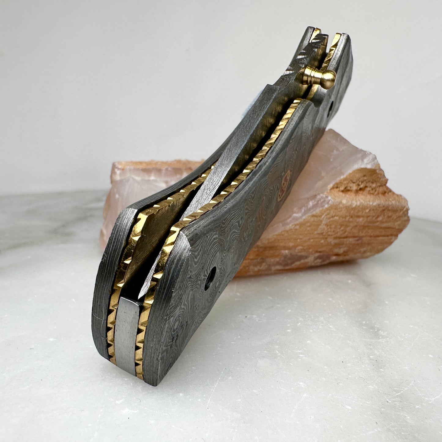 Brass & Damascus Steel Folding Utility Knife