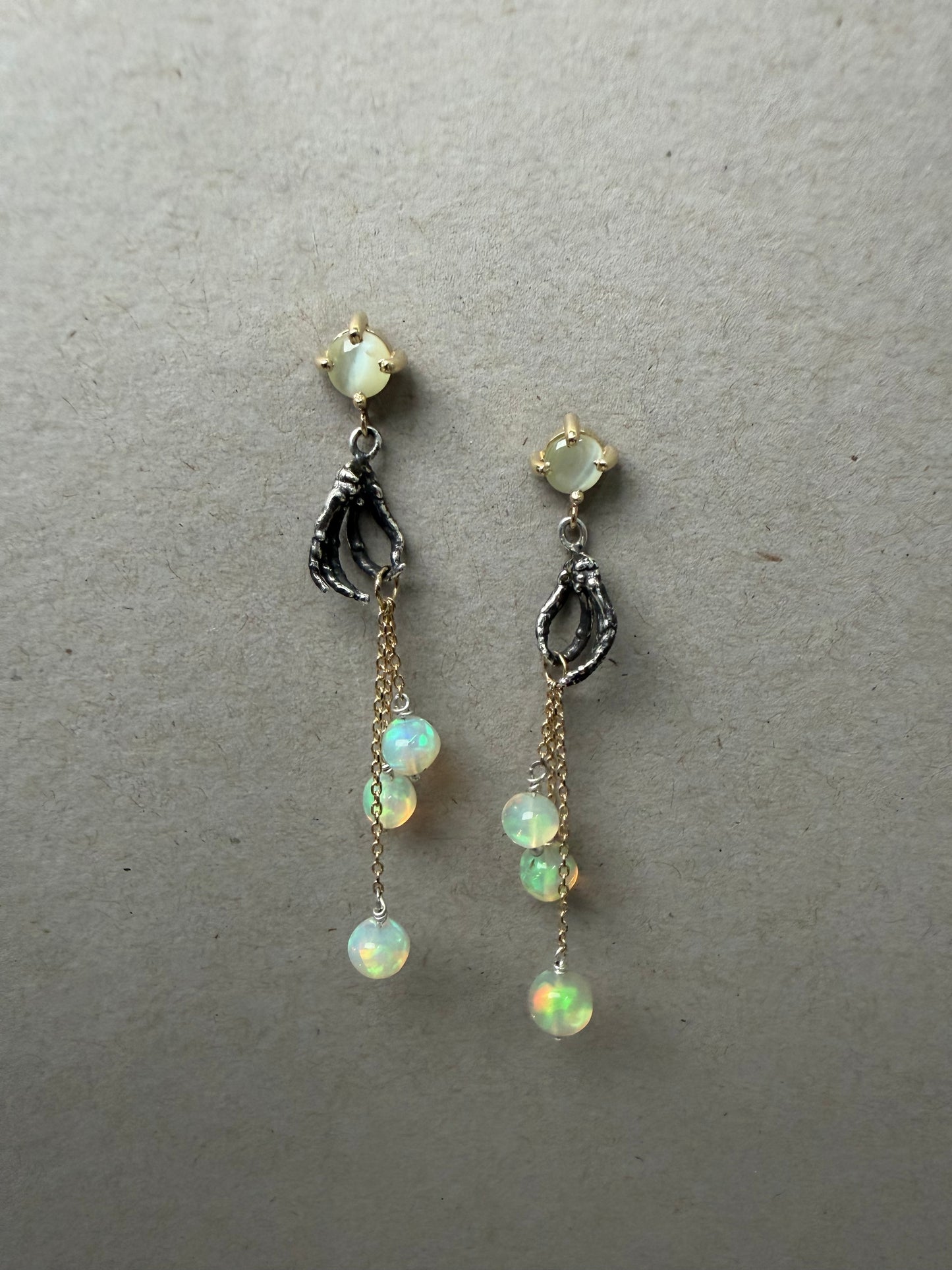Handiwork Opal & Chrysoberyl Earrings | Two Tone Blackened Silver and 14k Yellow Gold