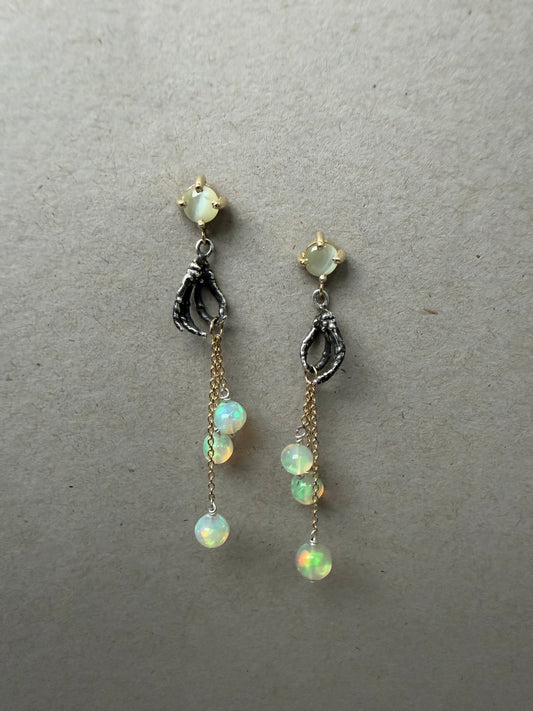 Handiwork Opal & Chrysoberyl Earrings | Two Tone Blackened Silver and 14k Yellow Gold