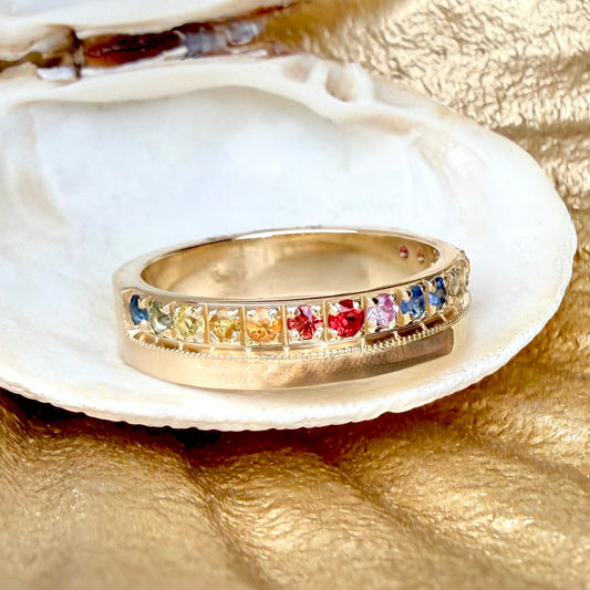 Rainbow Sapphire Flat Band Ring | 14k Yellow Gold