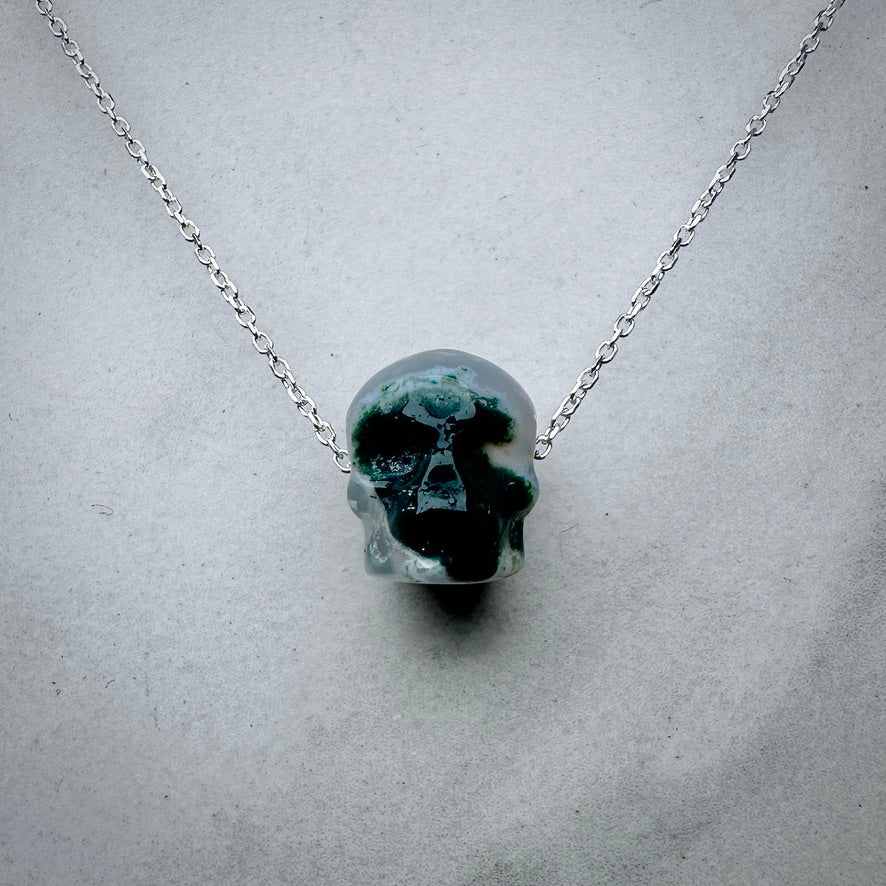 Moss Agate Carved Skull Floating Necklace | Sterling Silver