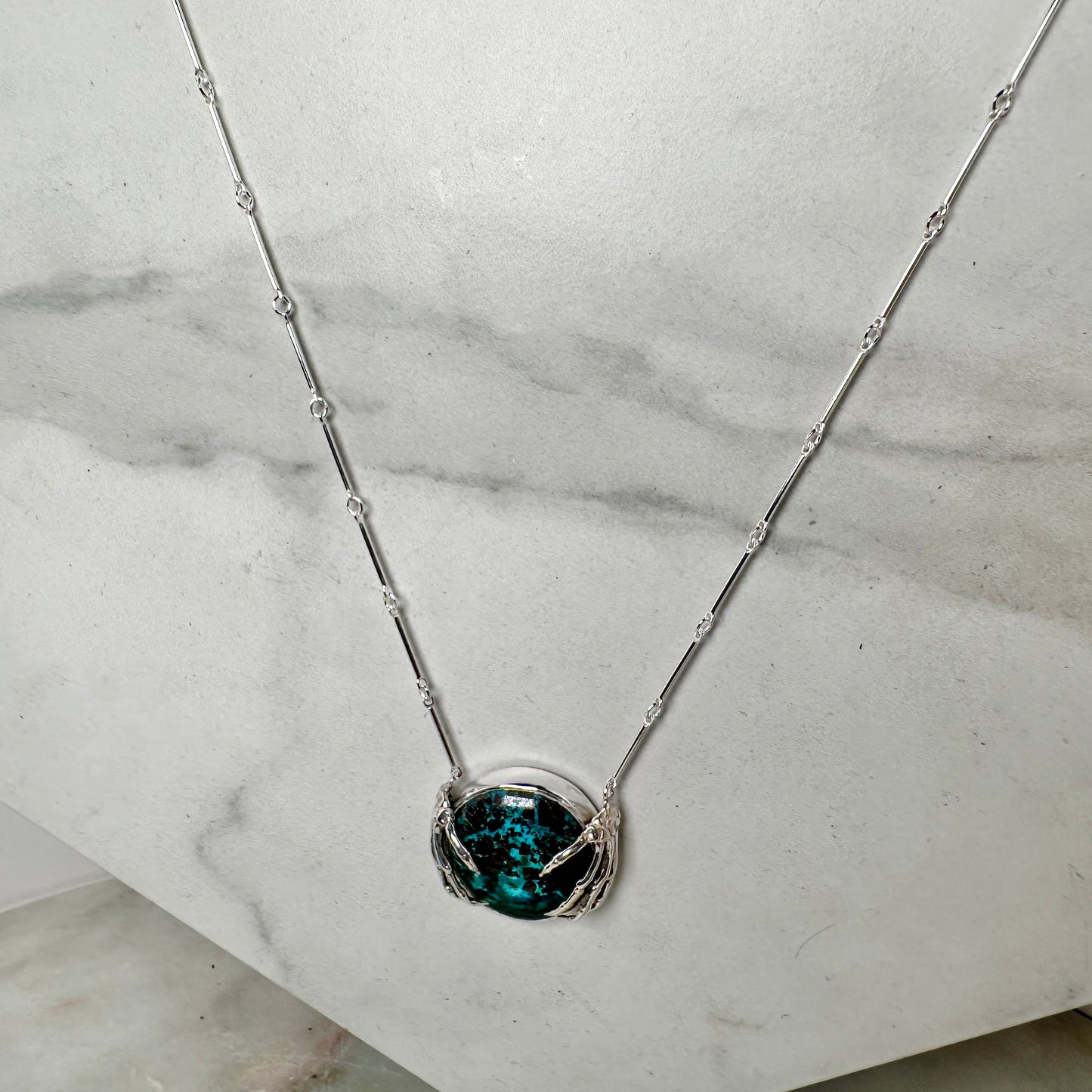 Skeleton Hands Necklace with Chrysocolla