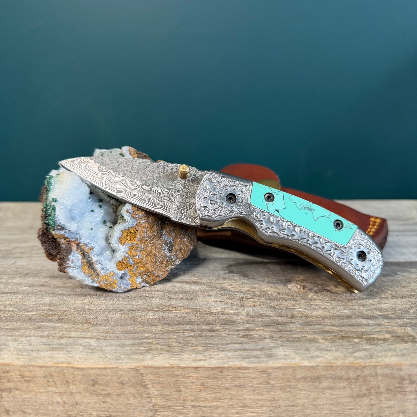 Engraved Damascus Steel Pocket Knife with Turquoise Resin Handle