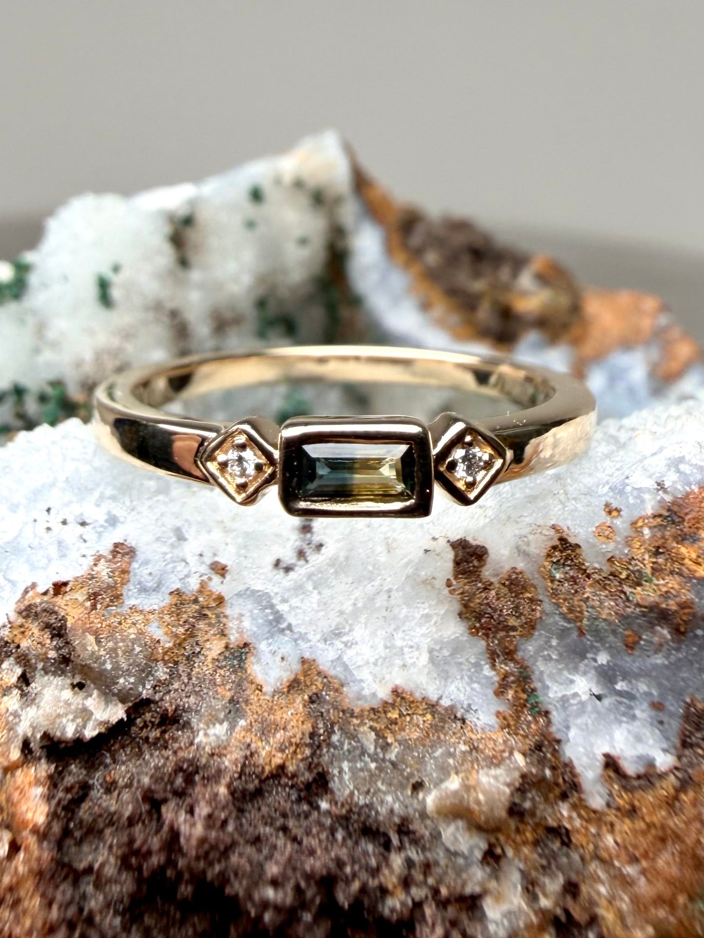 Art Deco Inspired Pastel Blue & Yellow Sapphire Stacking Ring | 14k Yellow Gold