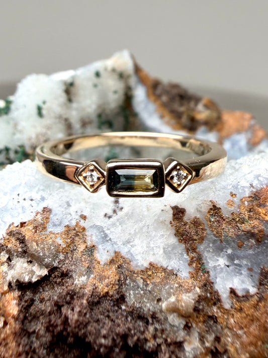Art Deco Inspired Pastel Blue & Yellow Sapphire Stacking Ring | 14k Yellow Gold