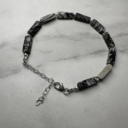 Zebra Jasper Beaded Bracelet | Adjustable | Sterling Silver