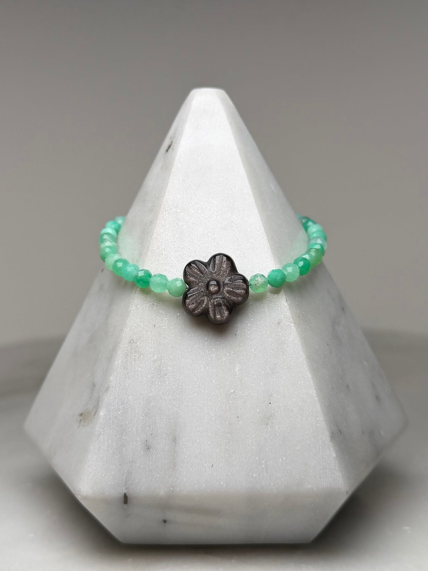 Obsidian Cherry Blossom & Chrysoprase Bracelet | Sterling Silver