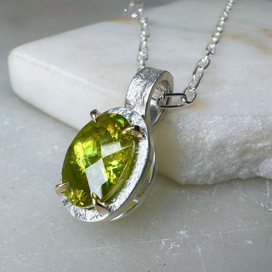 Chartreuse Sphene Granite Pendant | 14k Yellow Gold & Sterling Silver Mixed Metals