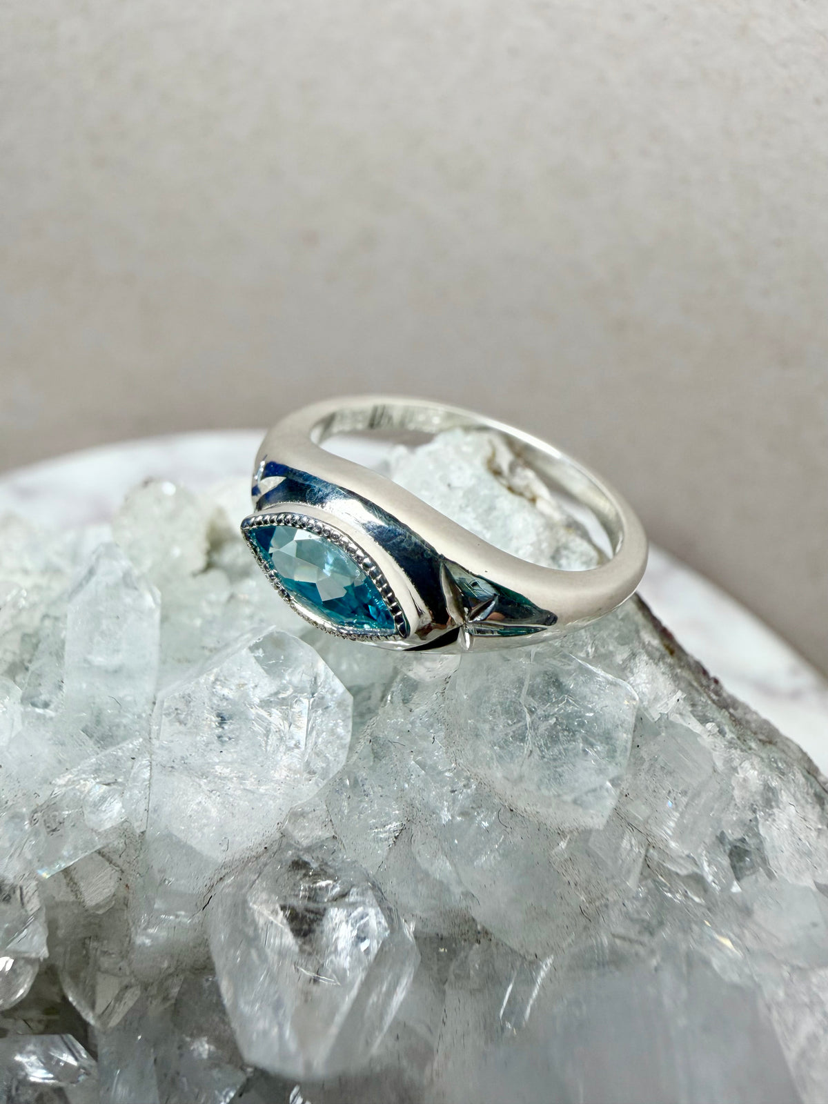 Blue Zircon Marquise Signet Ring | Sterling Silver