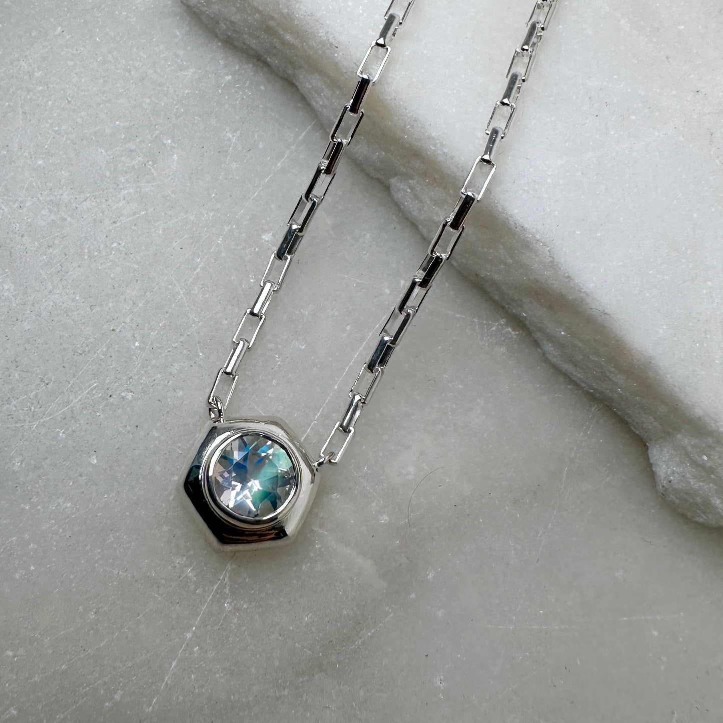 Rainbow Moonstone Hexagon Necklace | Sterling Silver