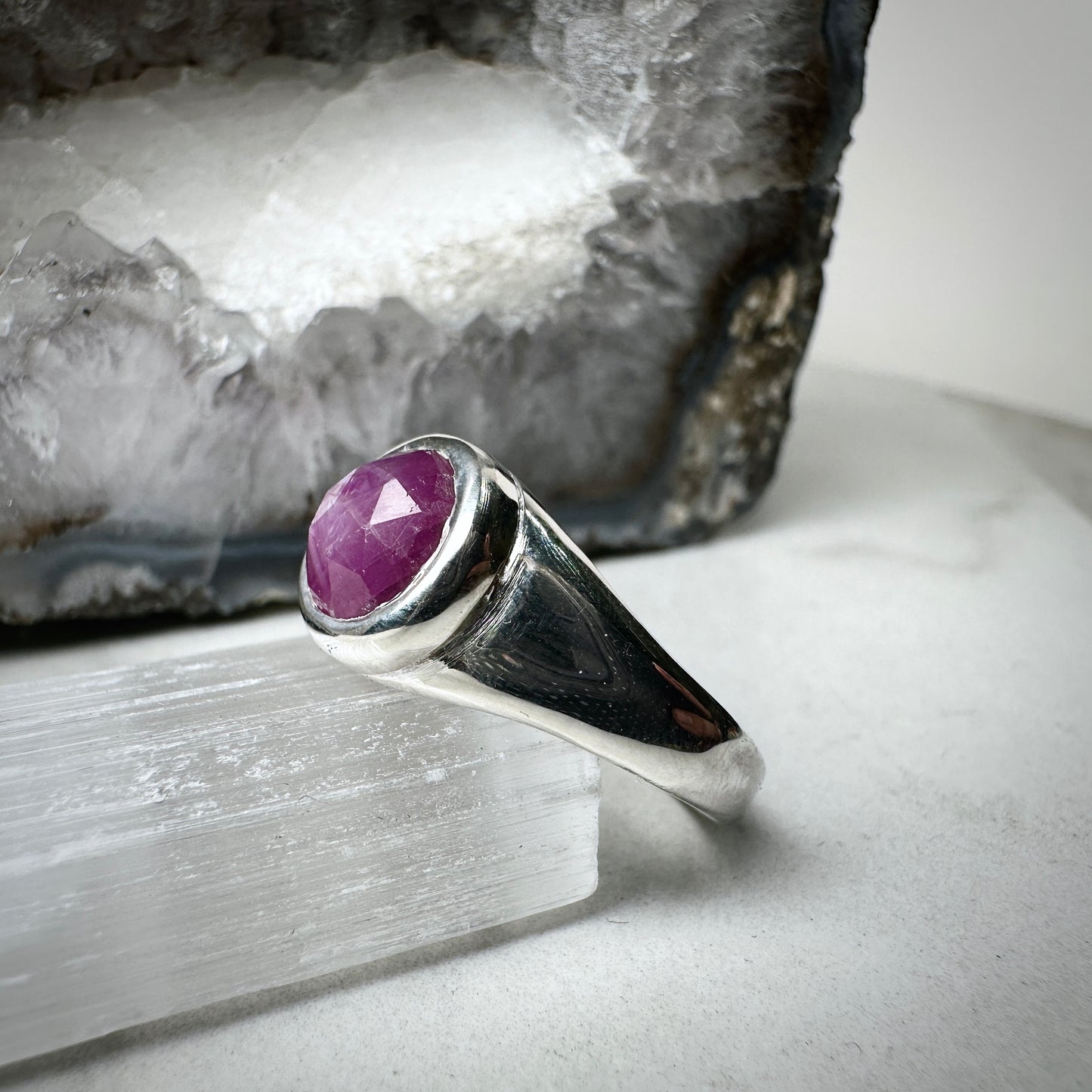 Silky Pink Sapphire Signet Ring | Sterling Silver