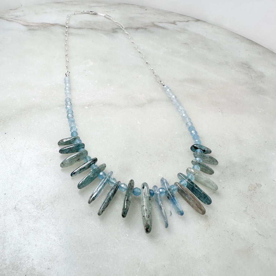 Aquamarine and Kyanite Beaded Necklace | Sterling Silver