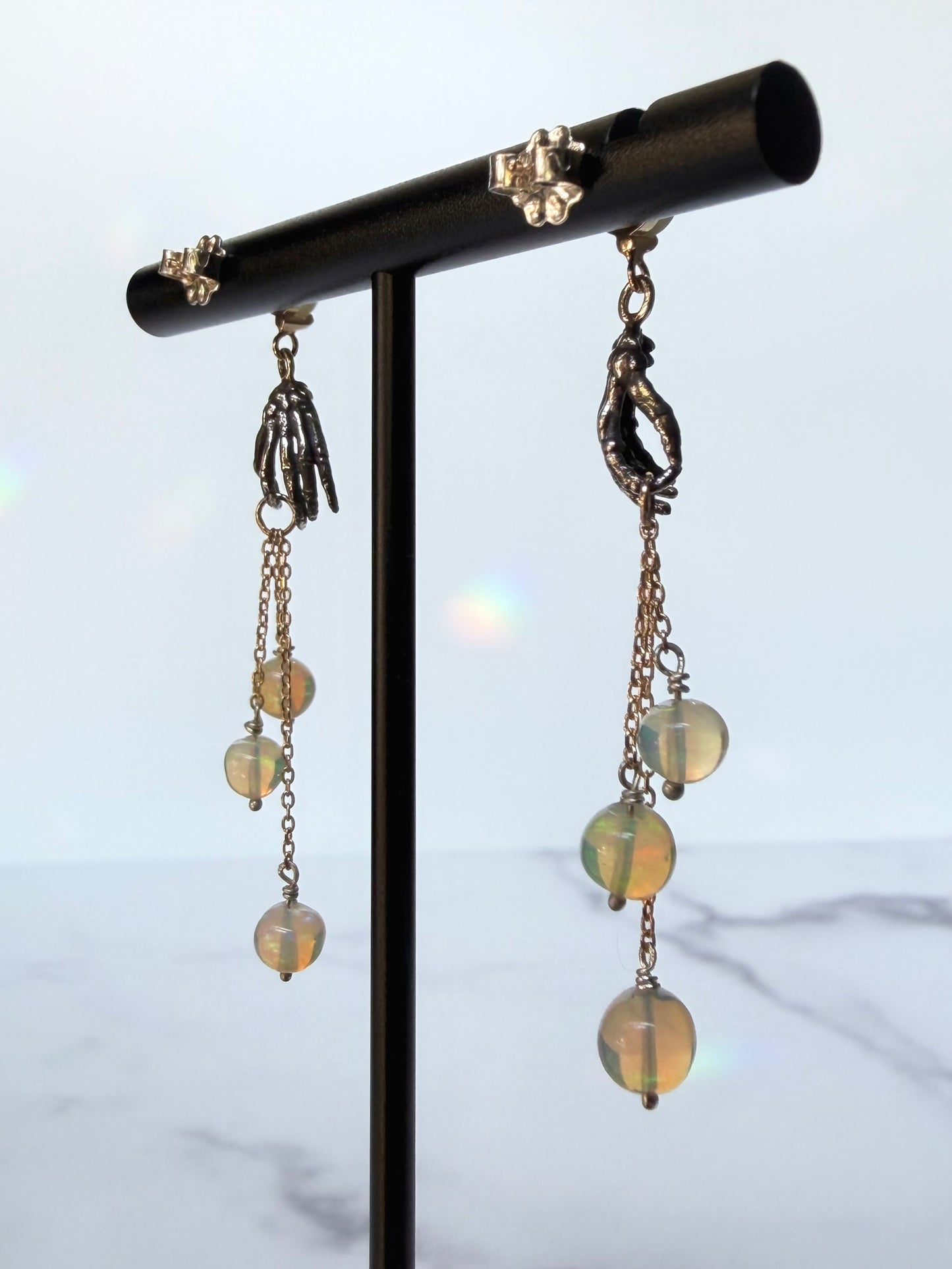 Handiwork Opal & Chrysoberyl Earrings | Two Tone Blackened Silver and 14k Yellow Gold