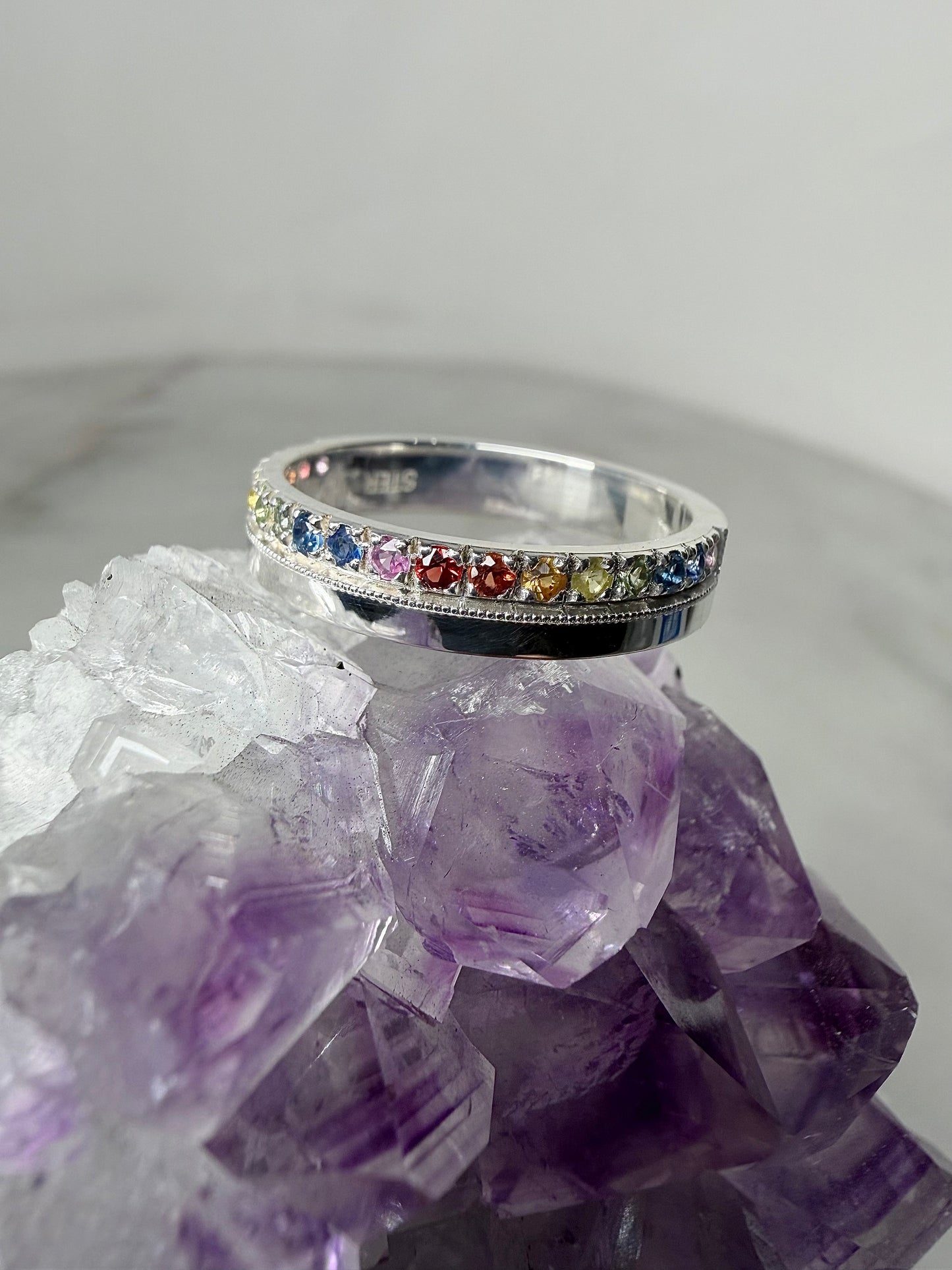 Rainbow Sapphire Flat Band Ring | Sterling Silver