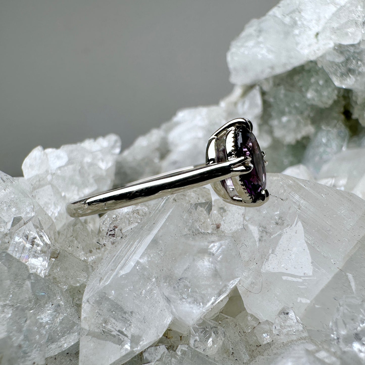 Antique-Inspired Purple Spinel Solitaire Ring | 14k White Gold