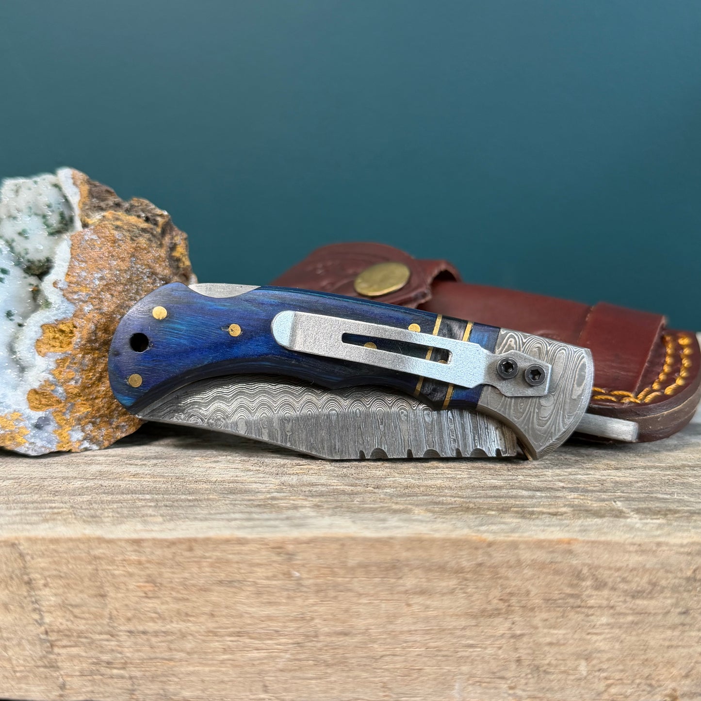 Blue & Black Wood Folding Knife with Leather Sheath
