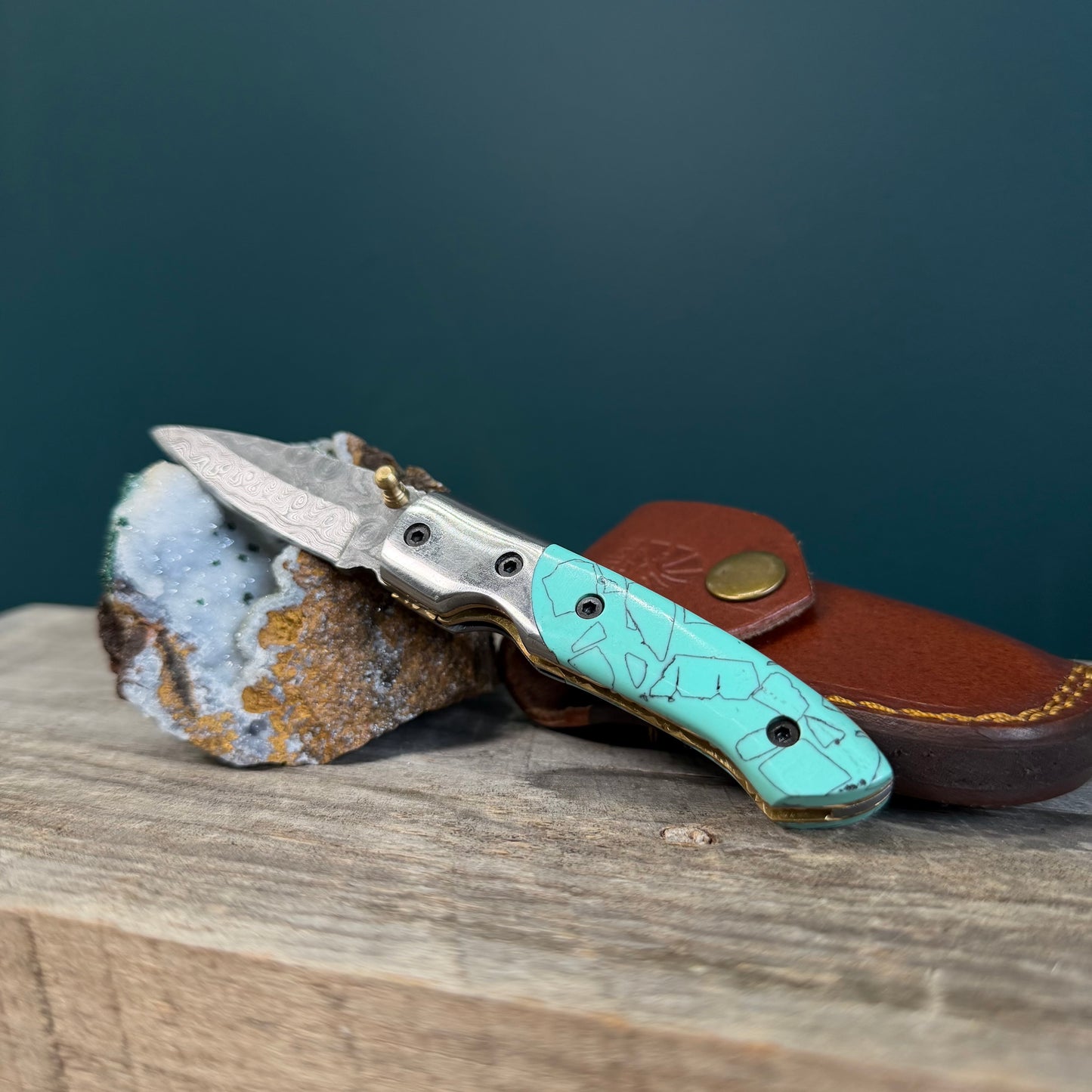 Damascus Steel and Turquoise Resin Utility Knife