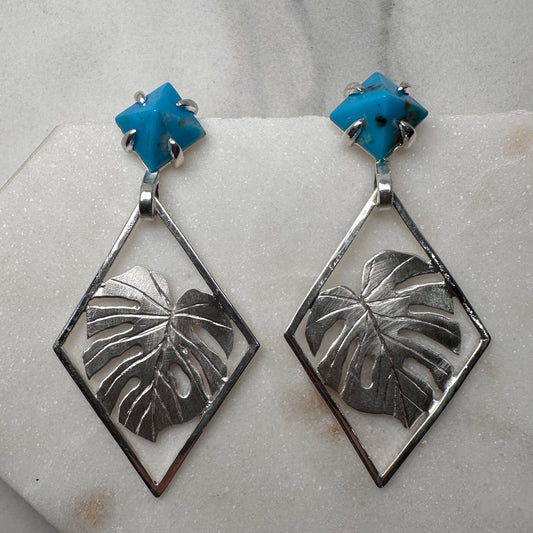 Monstera Earrings with Turquoise Pyramids
