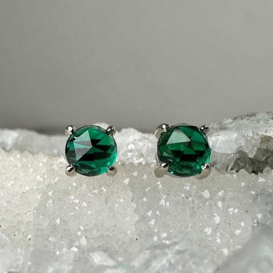 Lab Grown Emerald 4-Prong Stud Earrings | 14k White Gold