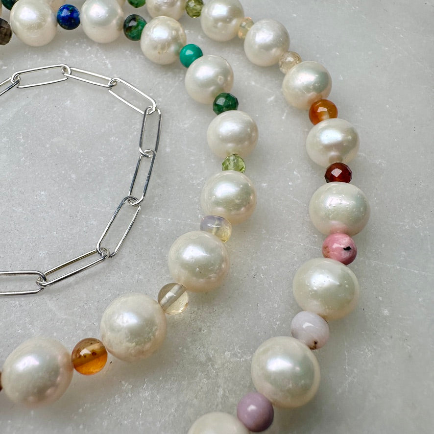 Rainbow Gemstone & White Pearl Necklace | Sterling Silver