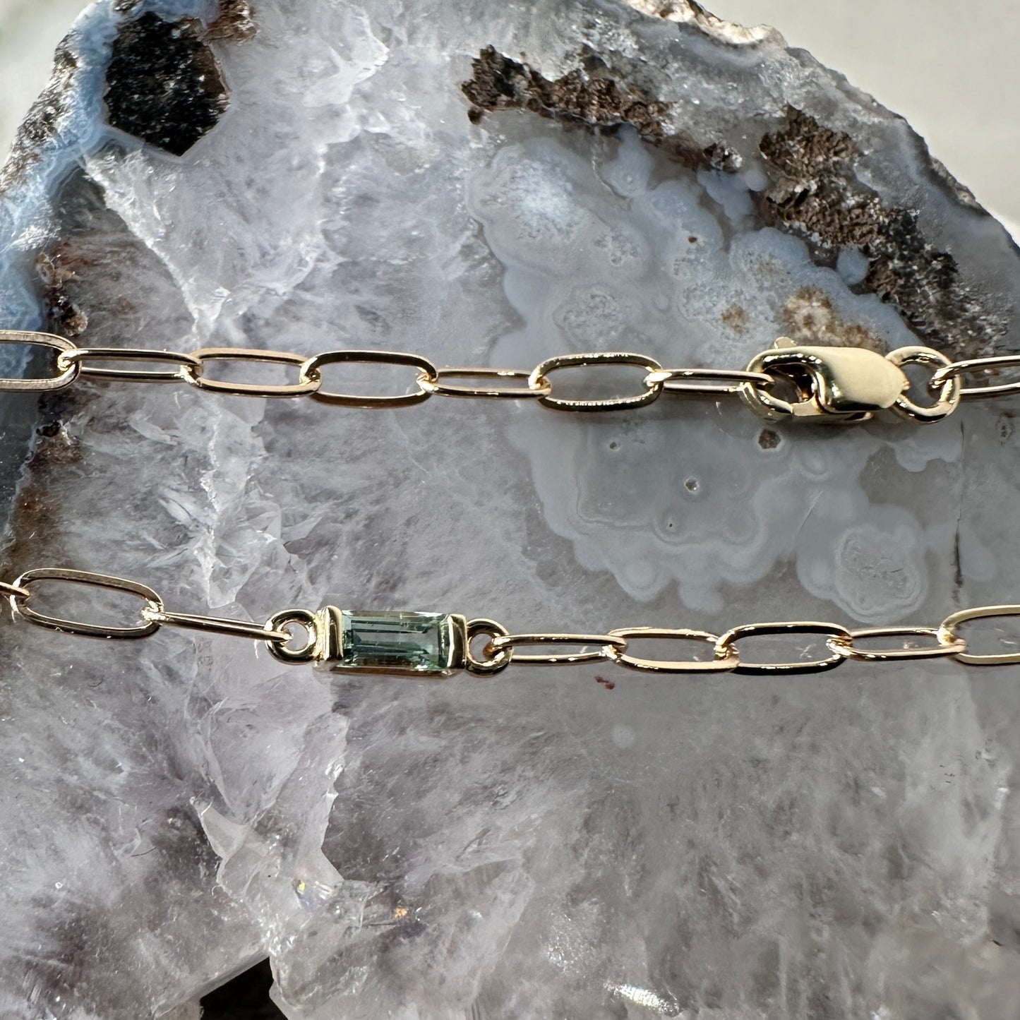 Seafoam Tourmaline Paperclip Bracelet | 14k Yellow Gold