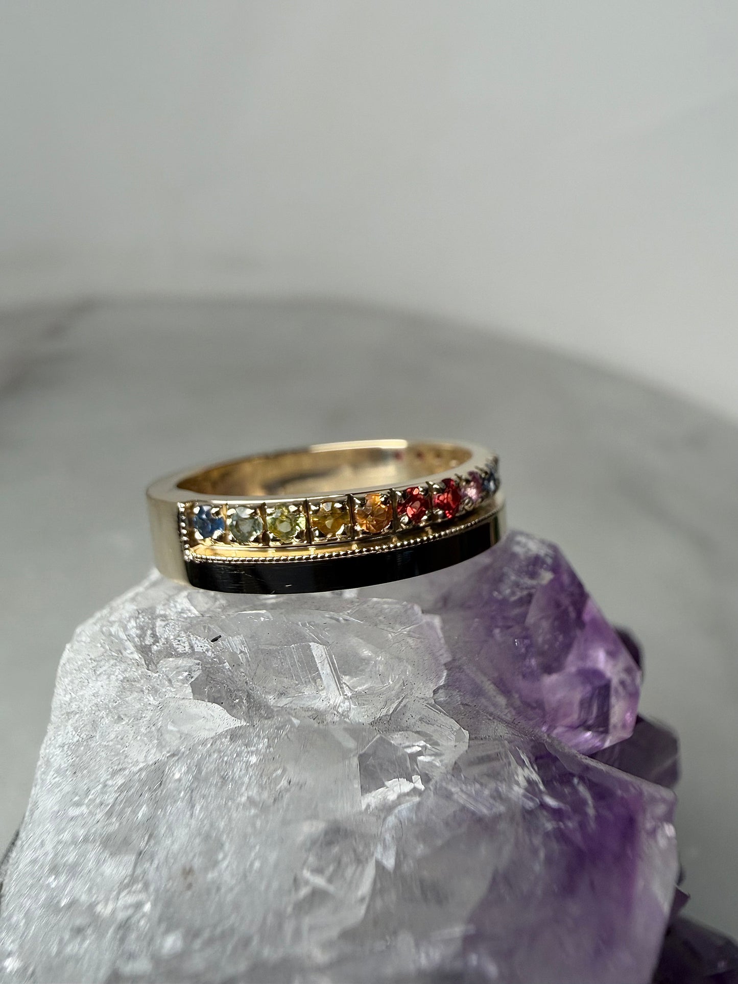 Rainbow Sapphire Flat Band Ring | 14k Yellow Gold