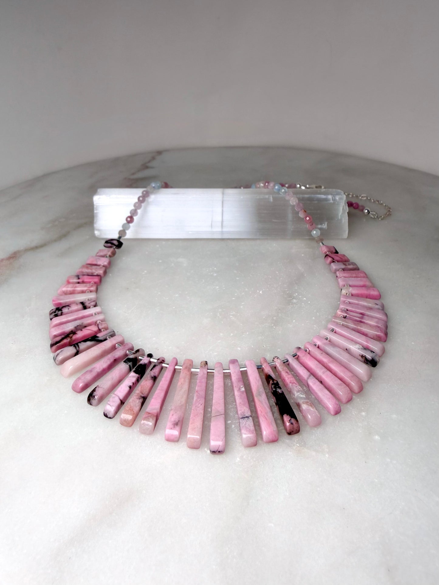 Pastel Pink Rhodonite & Tourmaline Statement Necklace | Sterling Silver