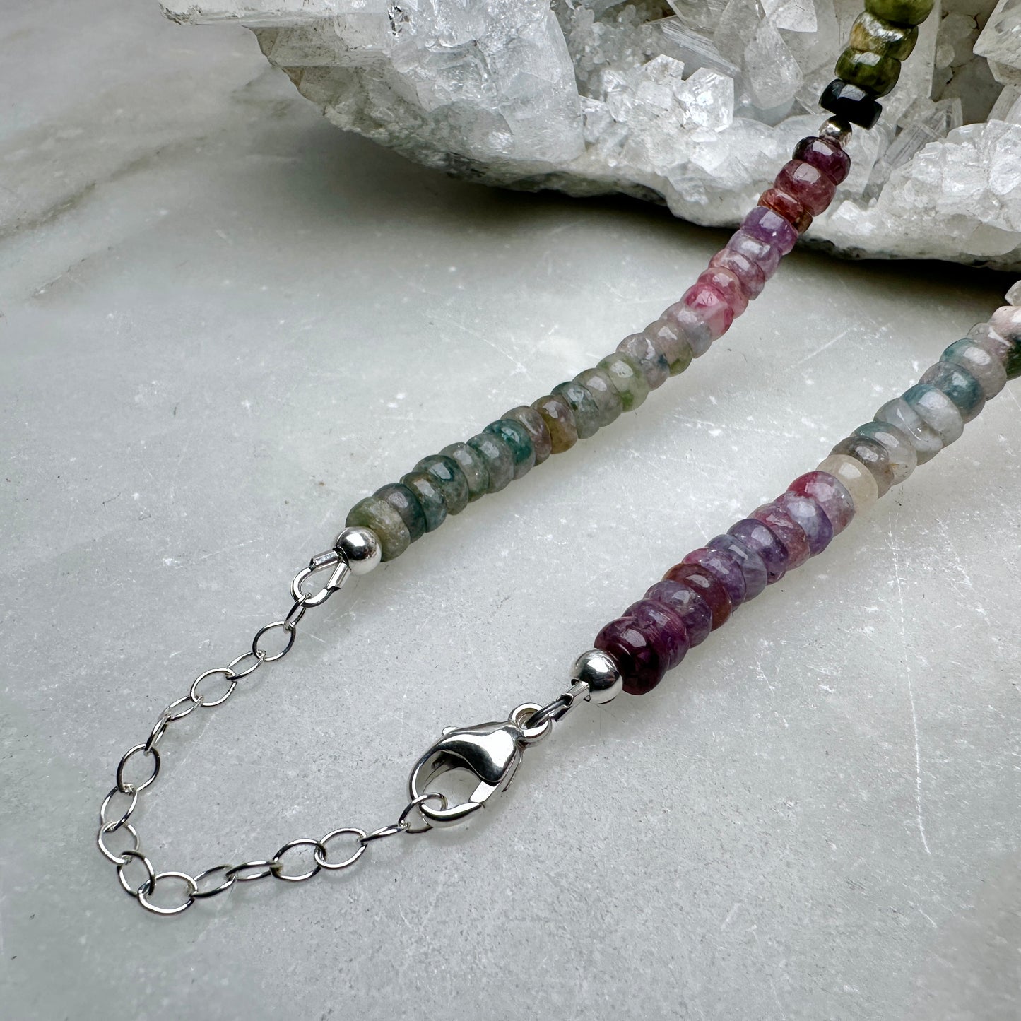 Watermelon Tourmaline Beaded Necklace | Sterling Silver