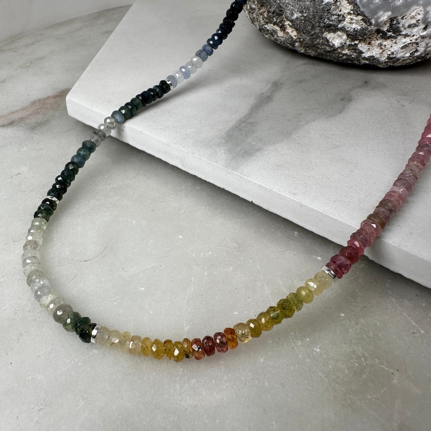 Faceted Rainbow Sapphire Beaded Necklace | Sterling Silver