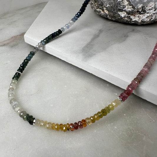 Faceted Rainbow Sapphire Beaded Necklace | Sterling Silver