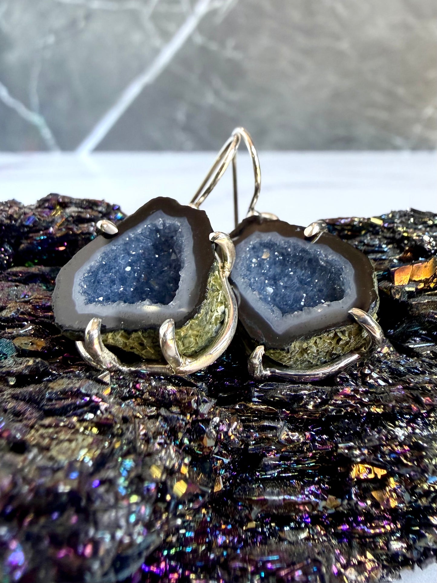 Black & Grey Geode Earrings | Sterling Silver
