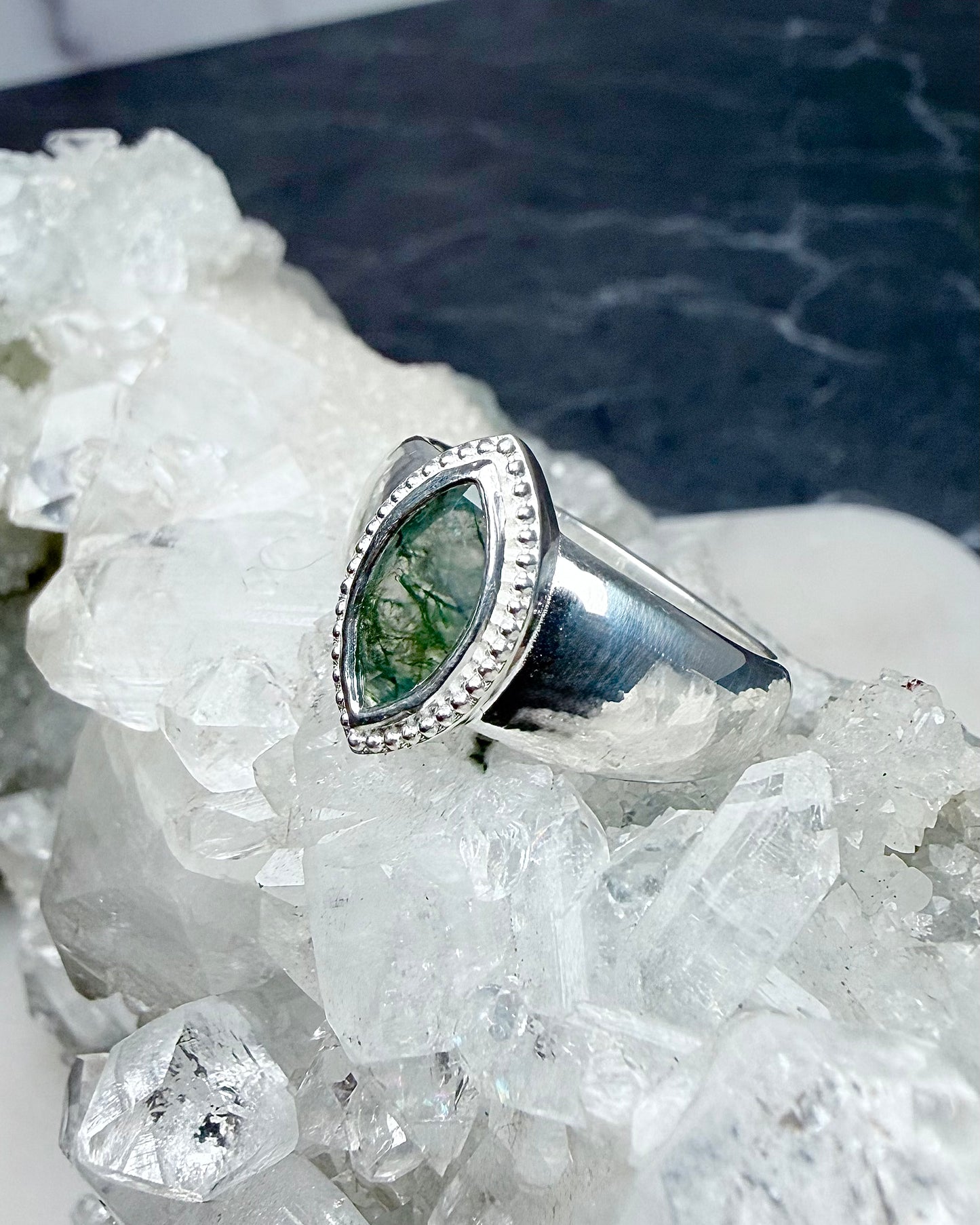 Marquise Moss Agate Bombe Ring | Sterling Silver