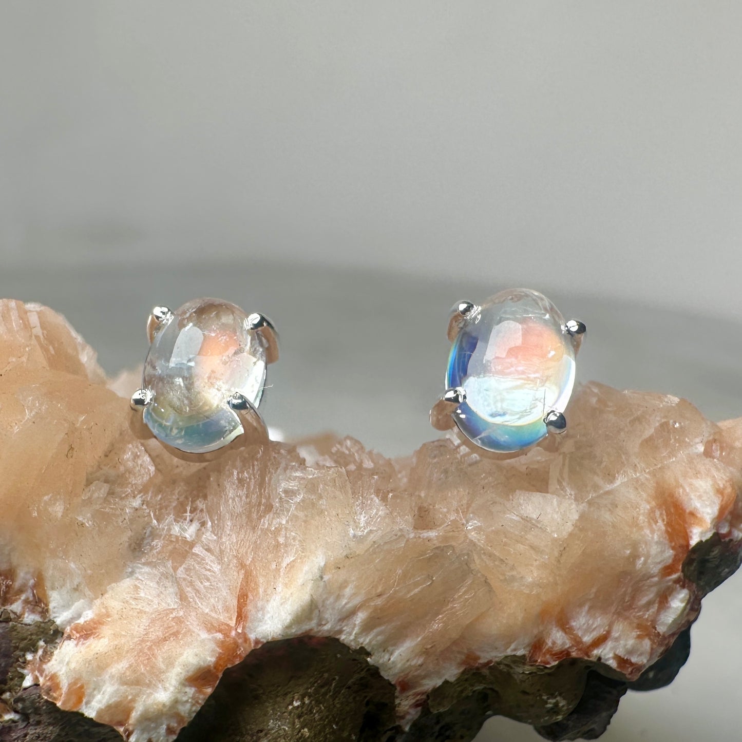 Rainbow Moonstone Oval Stud Earrings | Sterling Silver