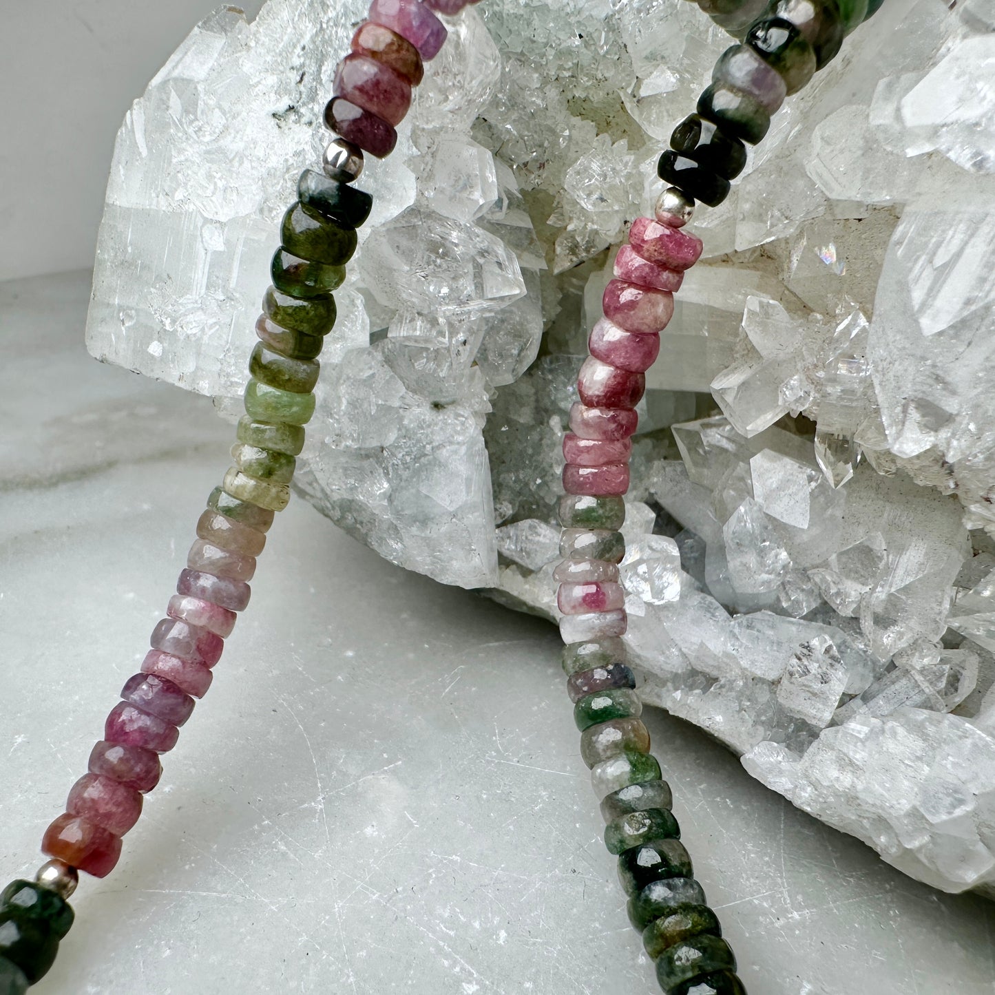 Watermelon Tourmaline Beaded Necklace | Sterling Silver