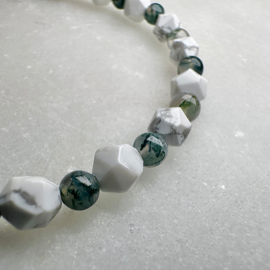 Howlite & Moss Agate Beaded Bracelet | Sterling Silver