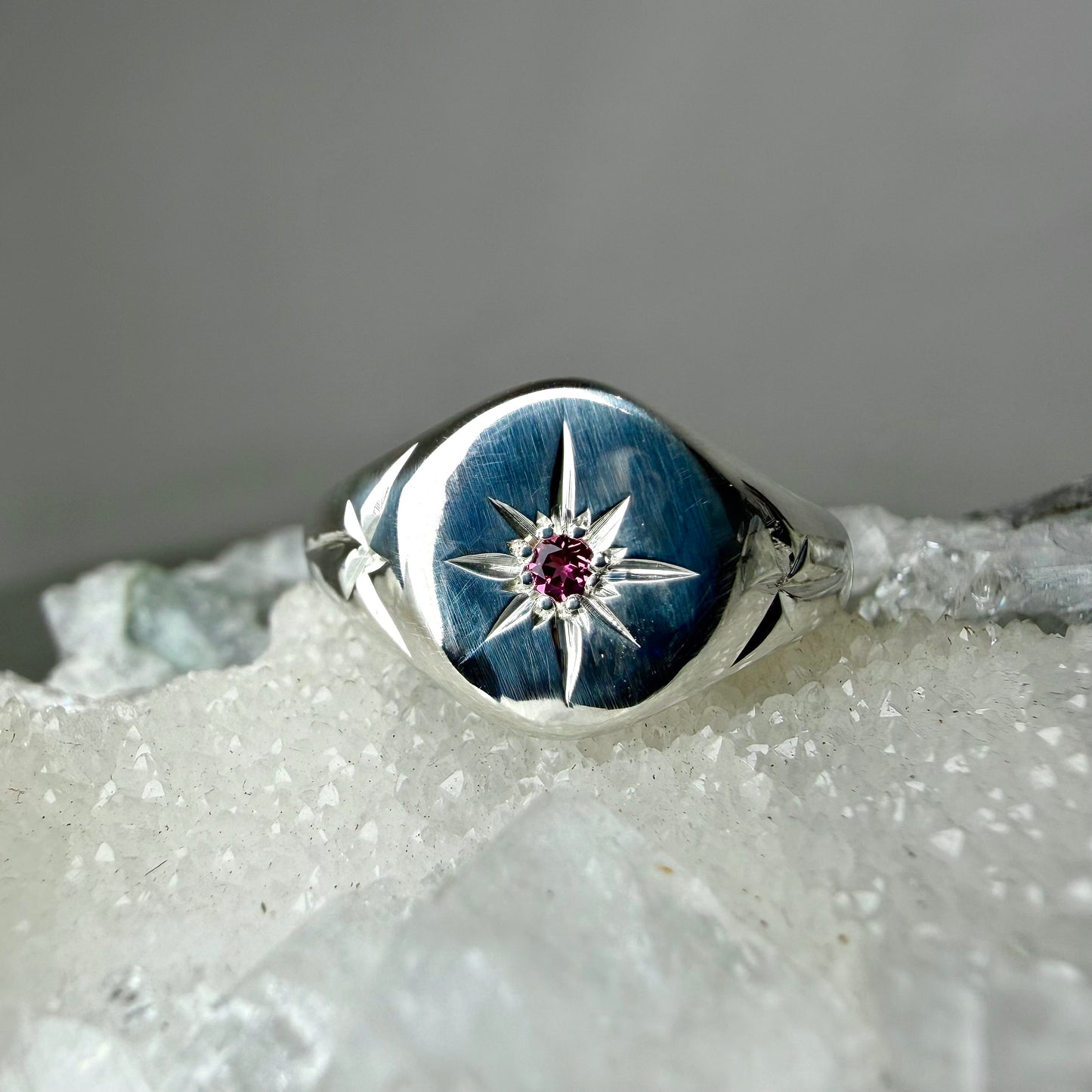 Pink Tourmaline Starburst Engraved Signet Ring | Sterling Silver